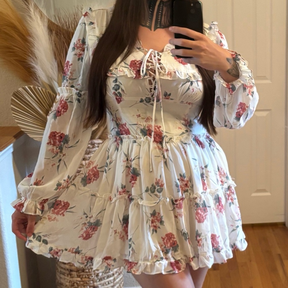 Floral White Dress with Red Accents